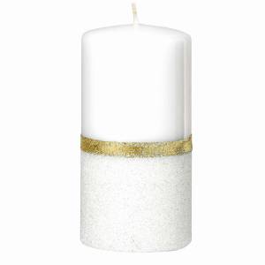 Świeca ozdobna VOLARE Walec Średni biały złoty brokat