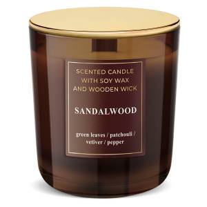 SANDALWOOD LID ŚWIECA ZAPACHOWA , DREWNIANY KNOT, SOJOWY WOSK  